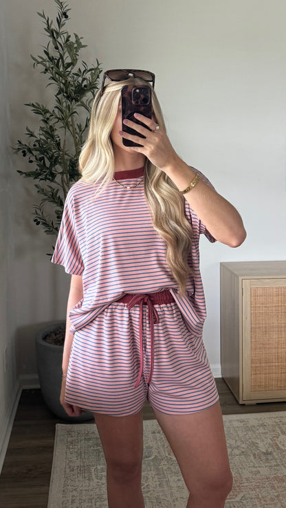 Gracie Striped Shorts Set / Pink + Burgundy