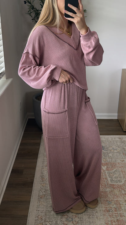 Ribbed Pocket Lounge Set / Mauve