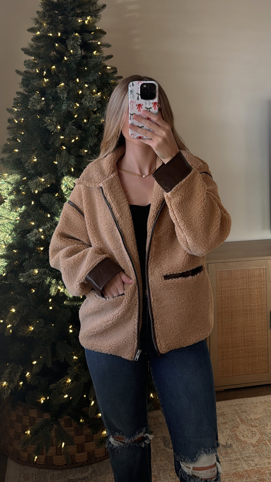 Faux Leather Sherpa Jacket / Mocha