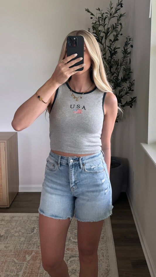 Embroidered USA Tank / Grey
