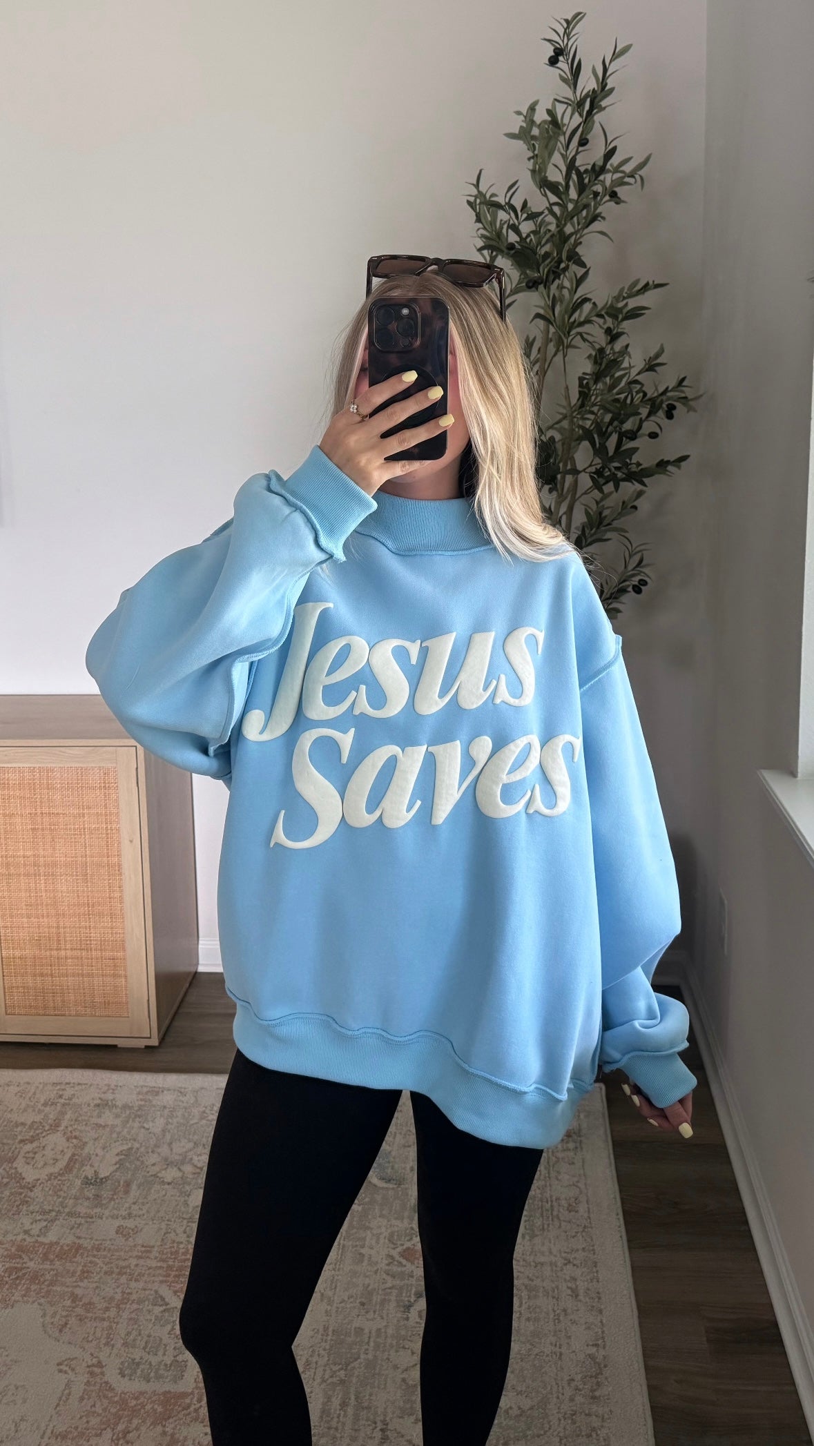 Jesus Saves Mock Neck Sweatshirt / Blue