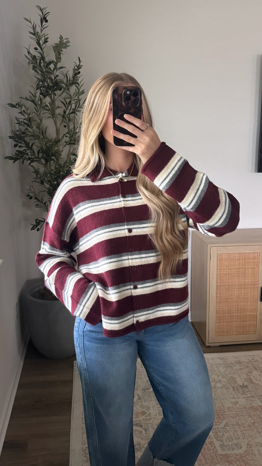 Heritage Striped Cardigan / Maroon