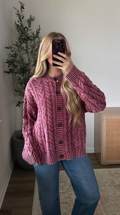 Riley Cable Knit Cardigan / Burgundy