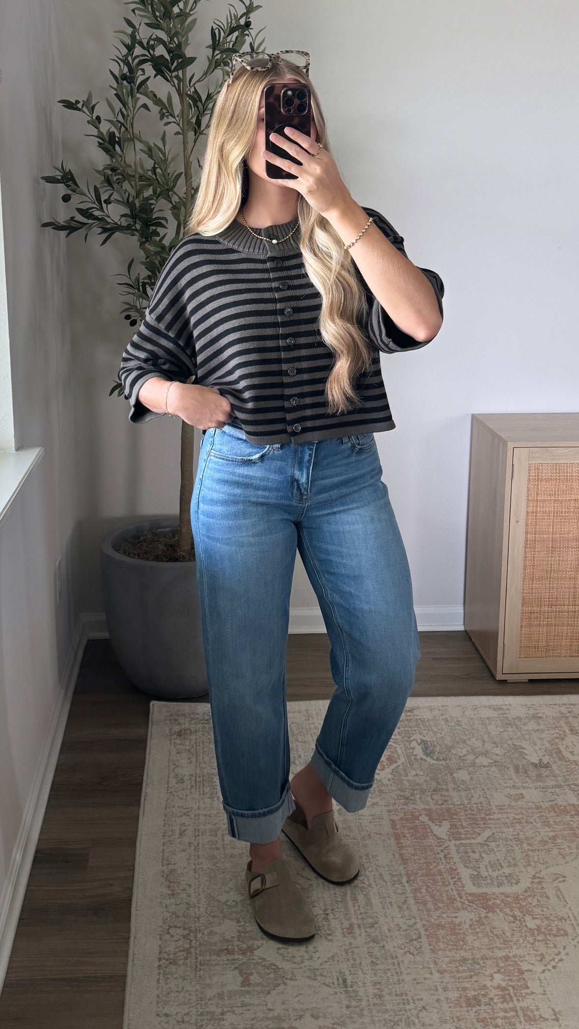 Natalie Striped Cardigan / Dark Olive + Black