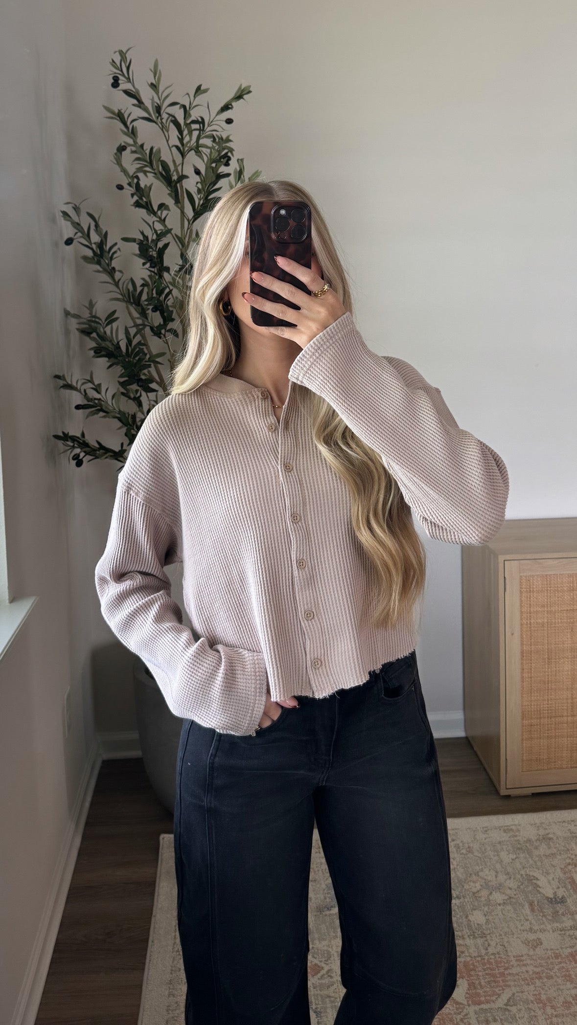 Waffle Cropped Cardigan / Light Taupe