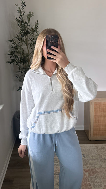 Plaid Trim Quarter Zip / Grey + Blue