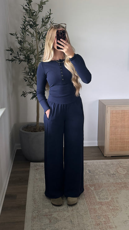 Henley Wide Leg Pants Set / Navy