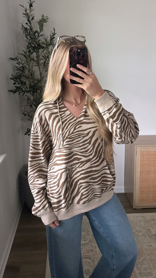 Zebra V-Neck Hoodie / Tan