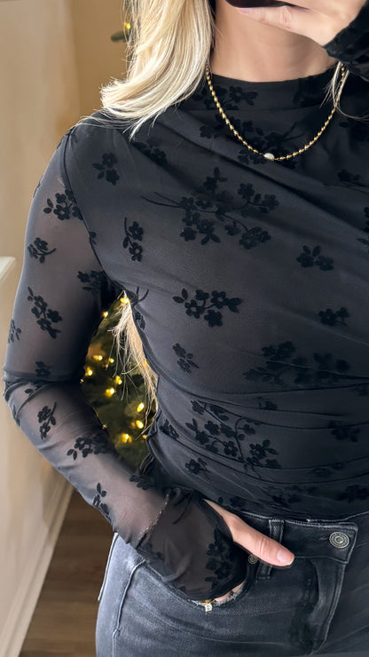 Floral Mesh Bodysuit / Black