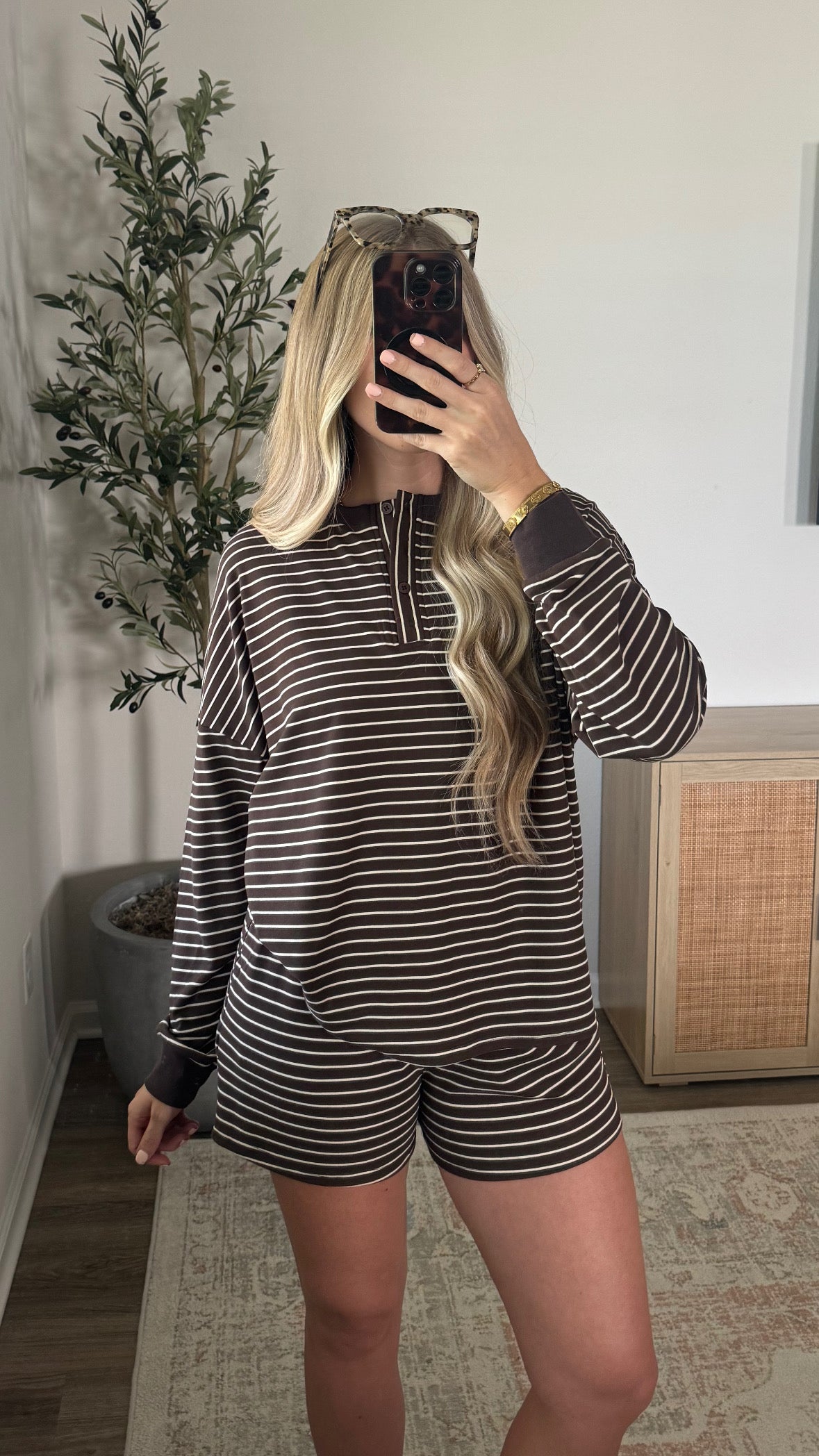 Striped Henley Shorts Set / Espresso