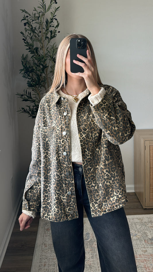 Oversized Denim Leopard Jacket