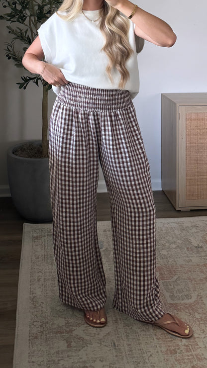 Smocked Wide Leg Gingham Pants / Brown