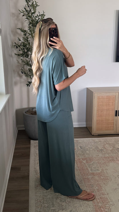 Rayon Ribbed Pants Set / Jade