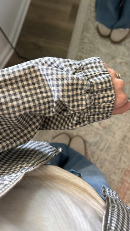 Gingham Bomber Jacket / Charcoal + Tan