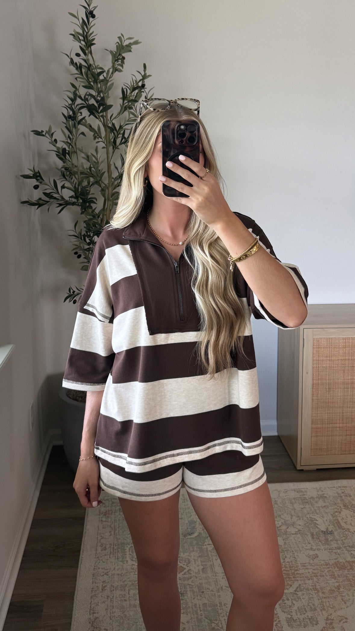 Retro Striped Shorts Set / Espresso