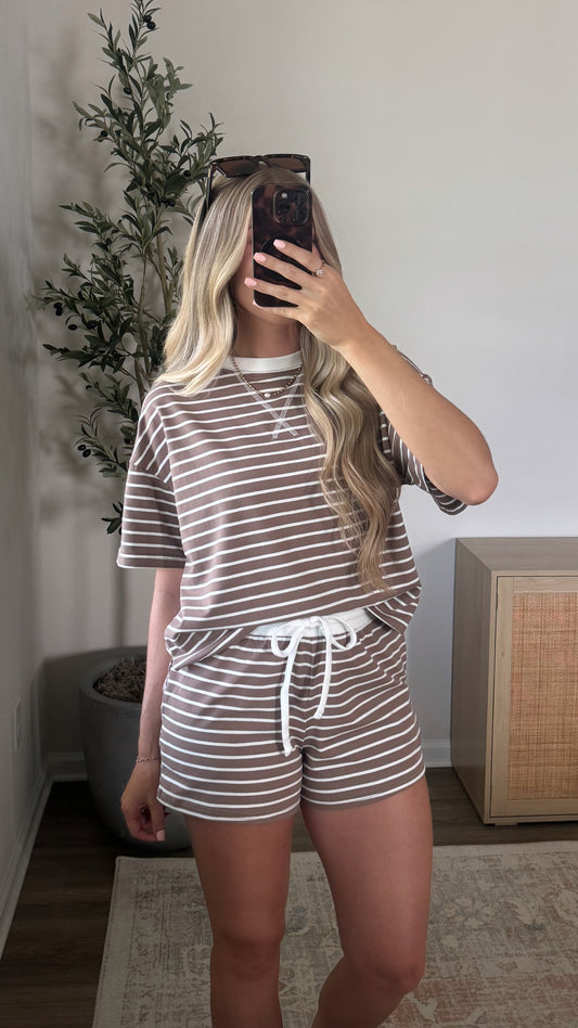 Lainey Striped Shorts Set / Mocha Brown