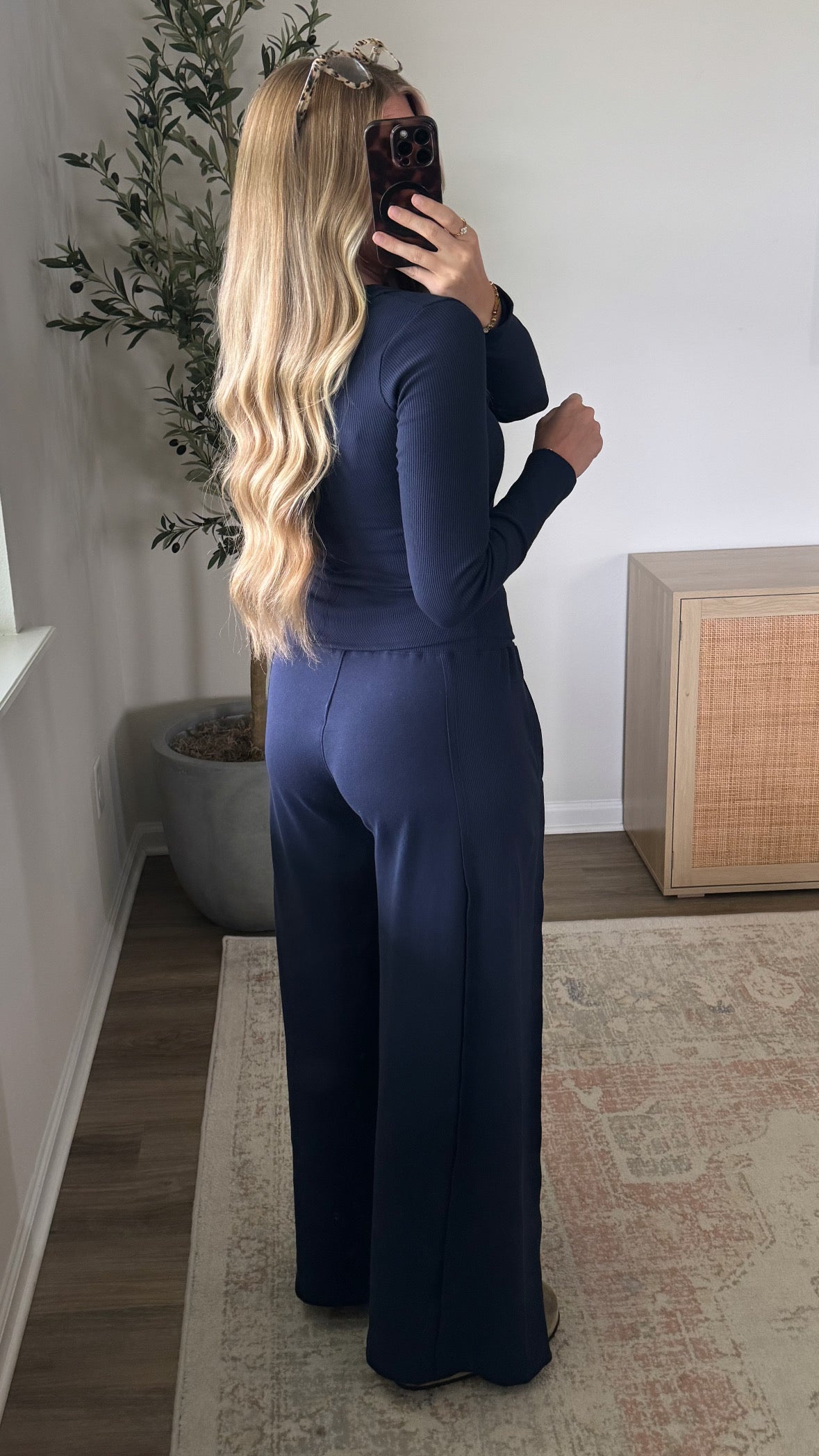 Henley Wide Leg Pants Set / Navy