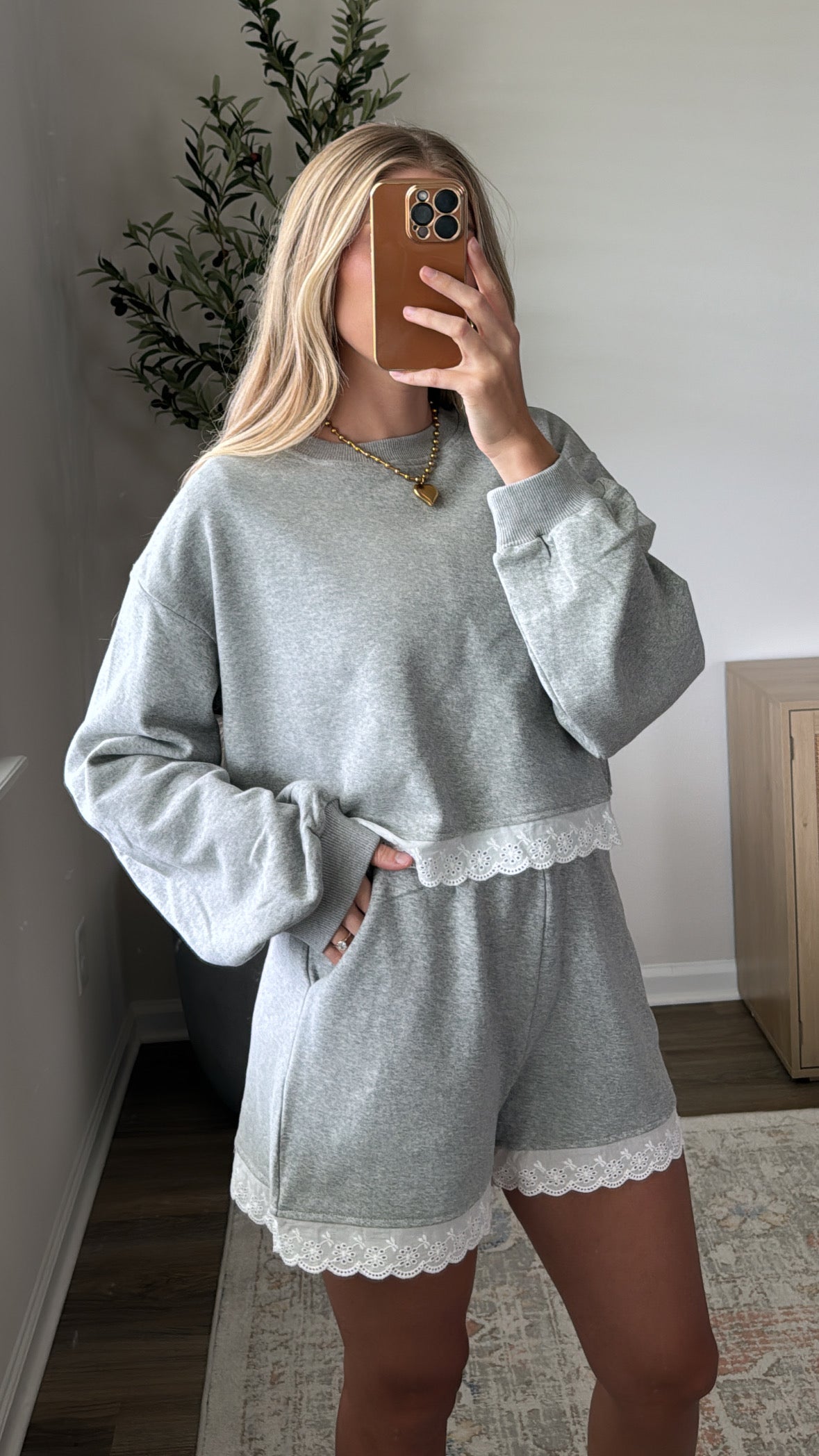 Lace Trim Sweat Set / Grey