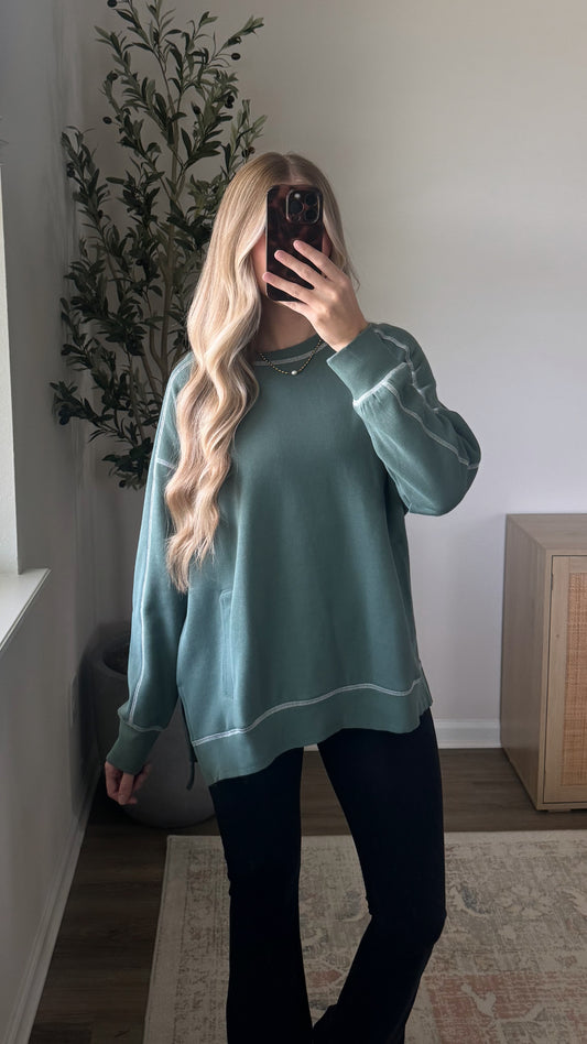 Contrast Stitched Pullover / Light Sage