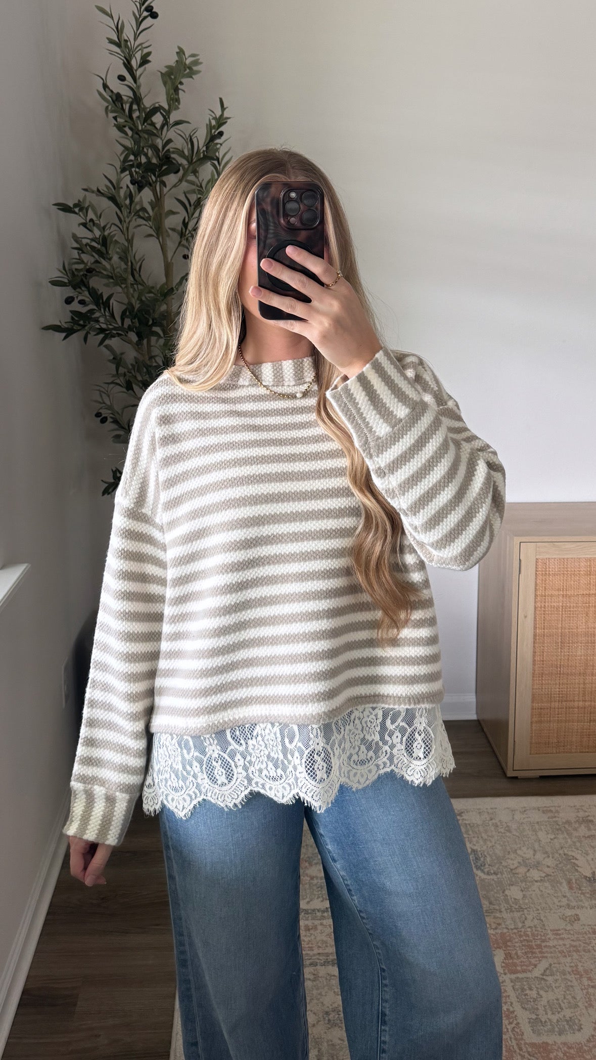 Josie Striped Lace Hem Long Sleeve / Taupe