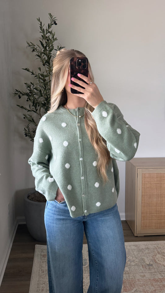 Polka Dot Cardigan / Sage + White
