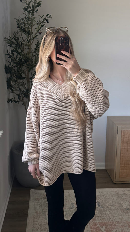 Textured V-Neck Sweater / Oversized