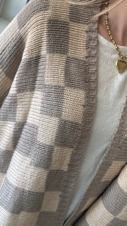 Checkered Cardigan / Taupe + Tan