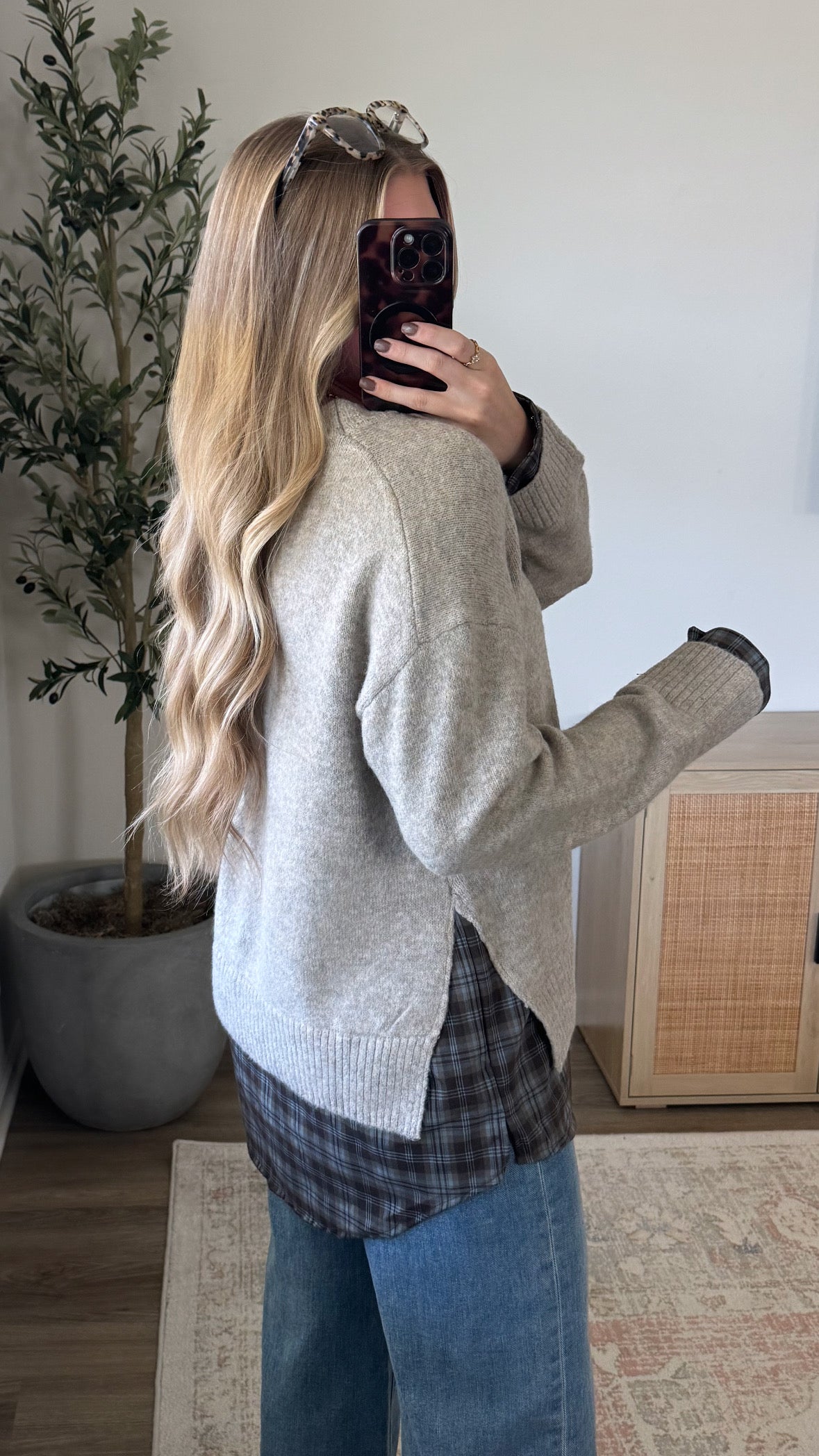 Flannel Layered Sweater / Heather Taupe