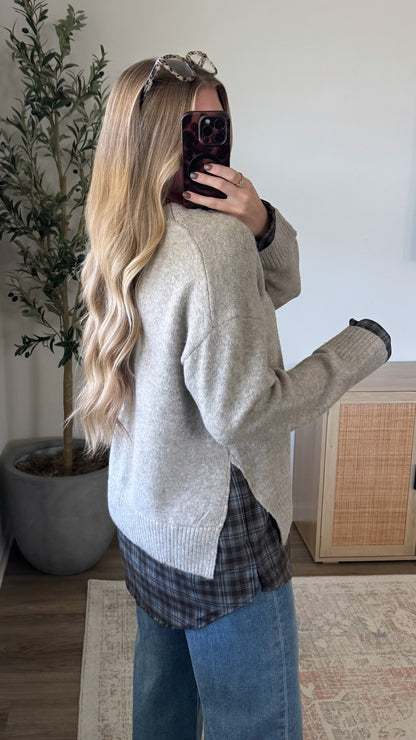 Flannel Layered Sweater / Heather Taupe