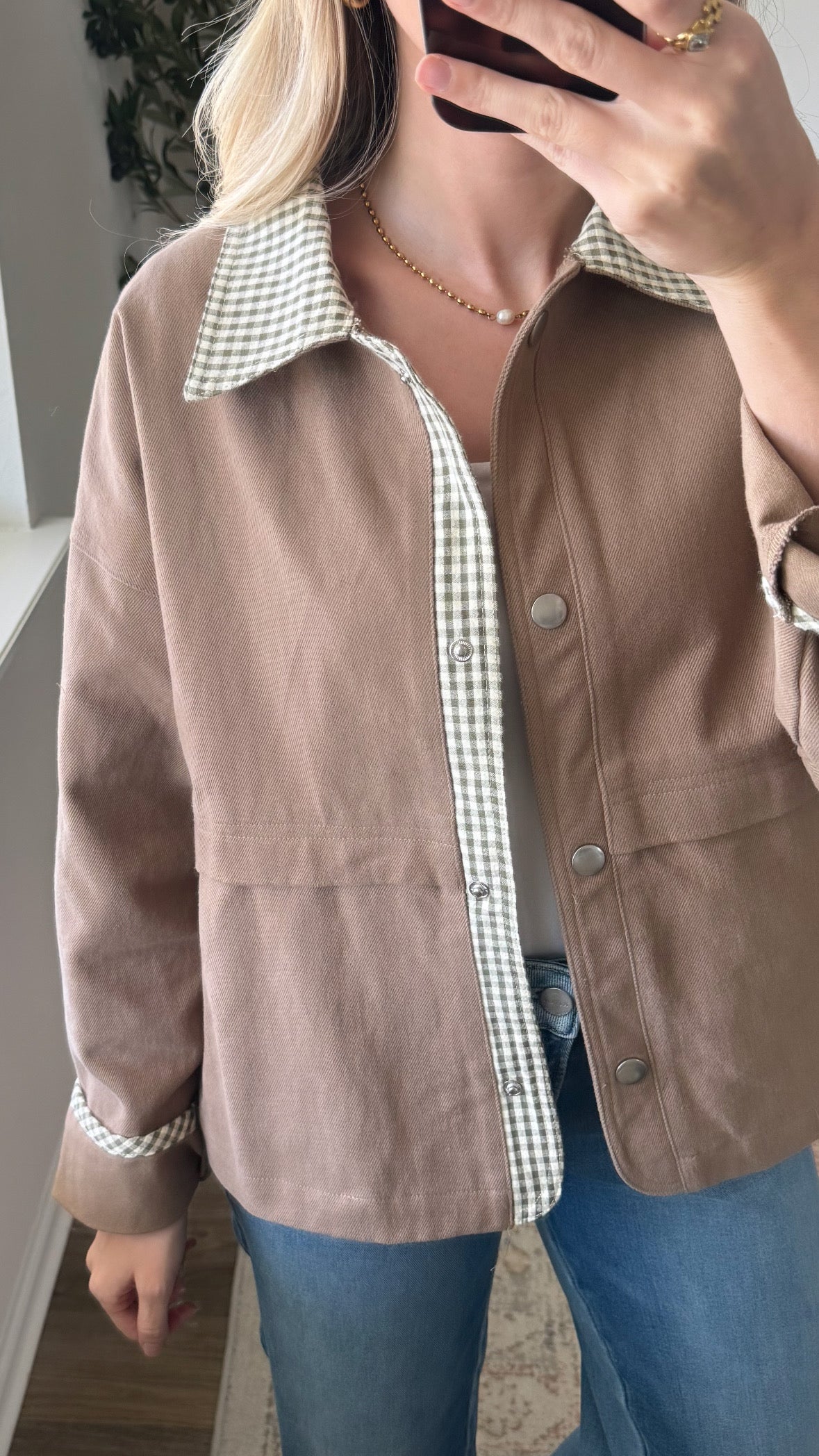 Gingham Contrast Jacket / Green + Tan