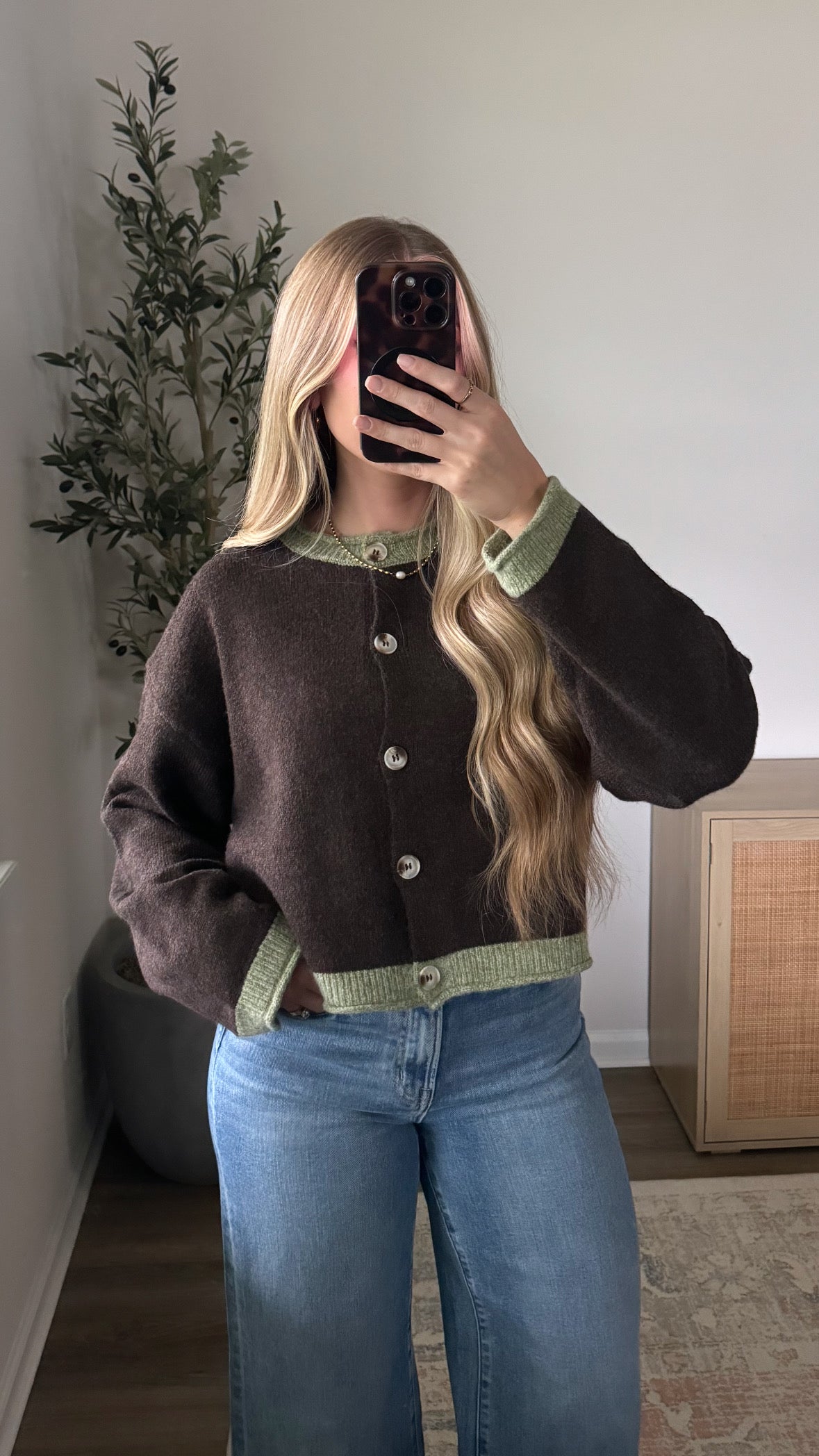 Contrast Cardigan / Brown + Green