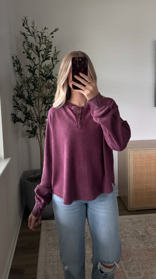 Henley Waffle Top / Dark Cherry