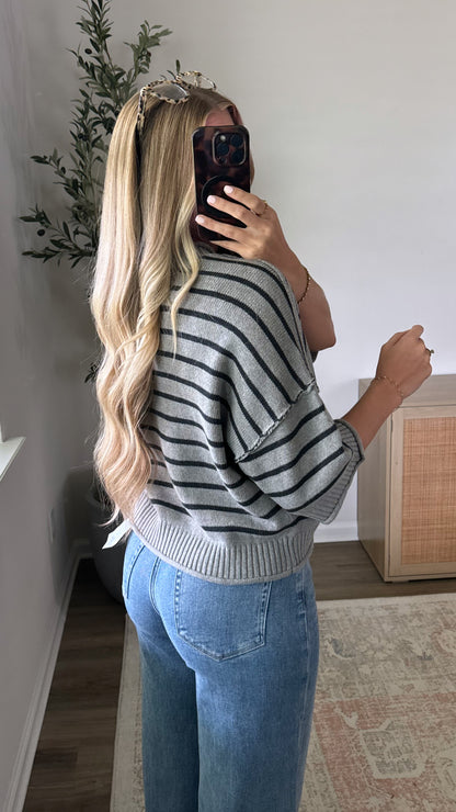 Striped Autumn Short Sleeve Knit / Grey + Navy