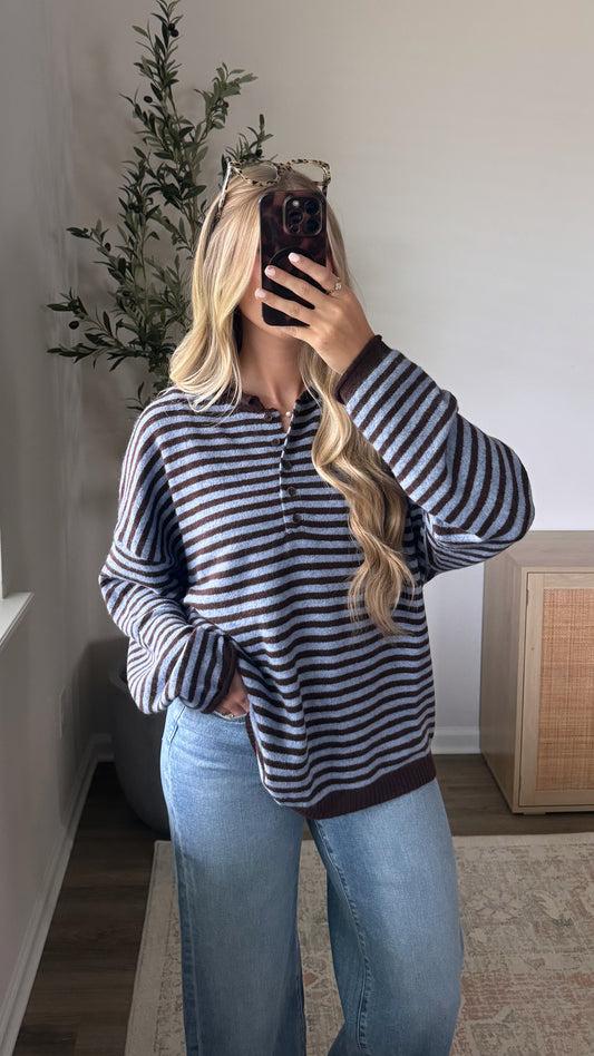 PREORDER (estimated to ship 8/14) - Chelsey Striped Henley Sweater / Brown + Blue