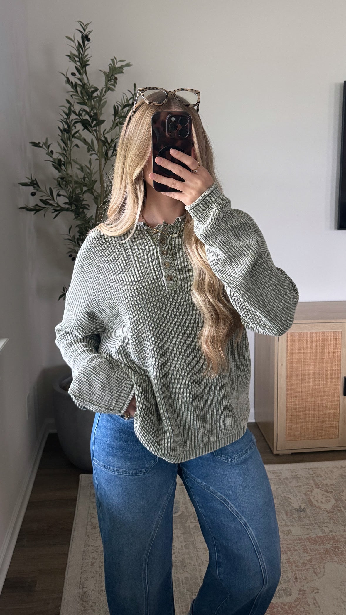 Ribbed Striped Henley Sweater / Light Green