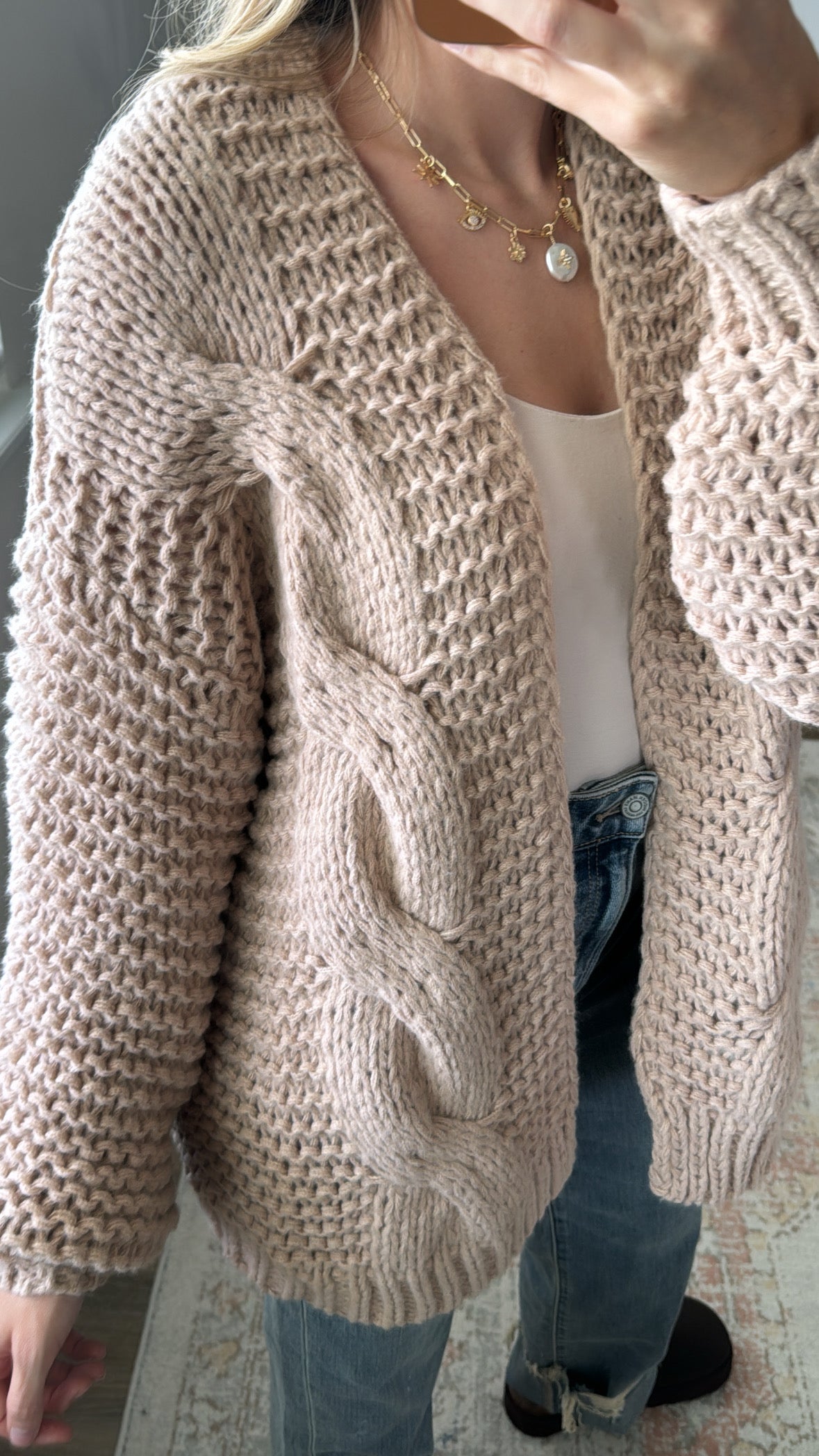 Cable Knit Cardigan / Blush Tan