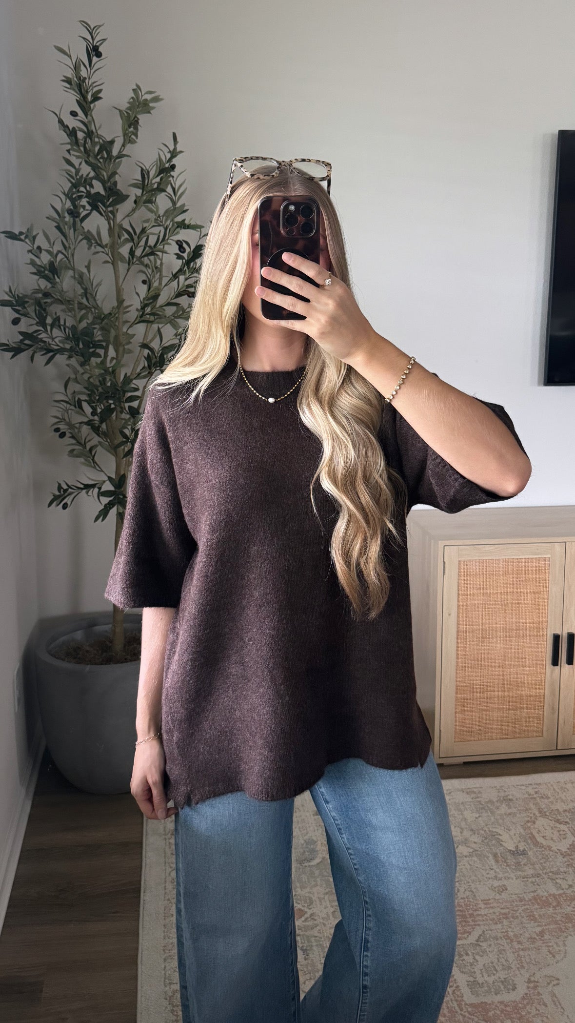Oversized Short Sleeve Sweater / Dark Brown
