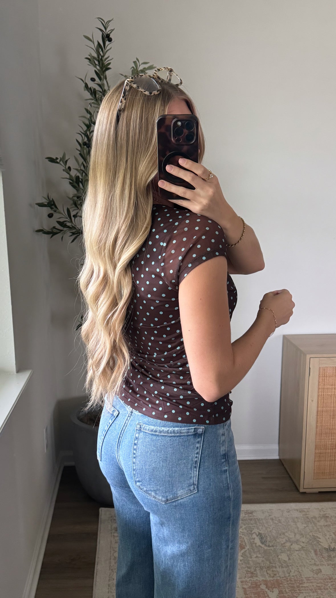 Polka Dot Mesh Top / Brown + Blue