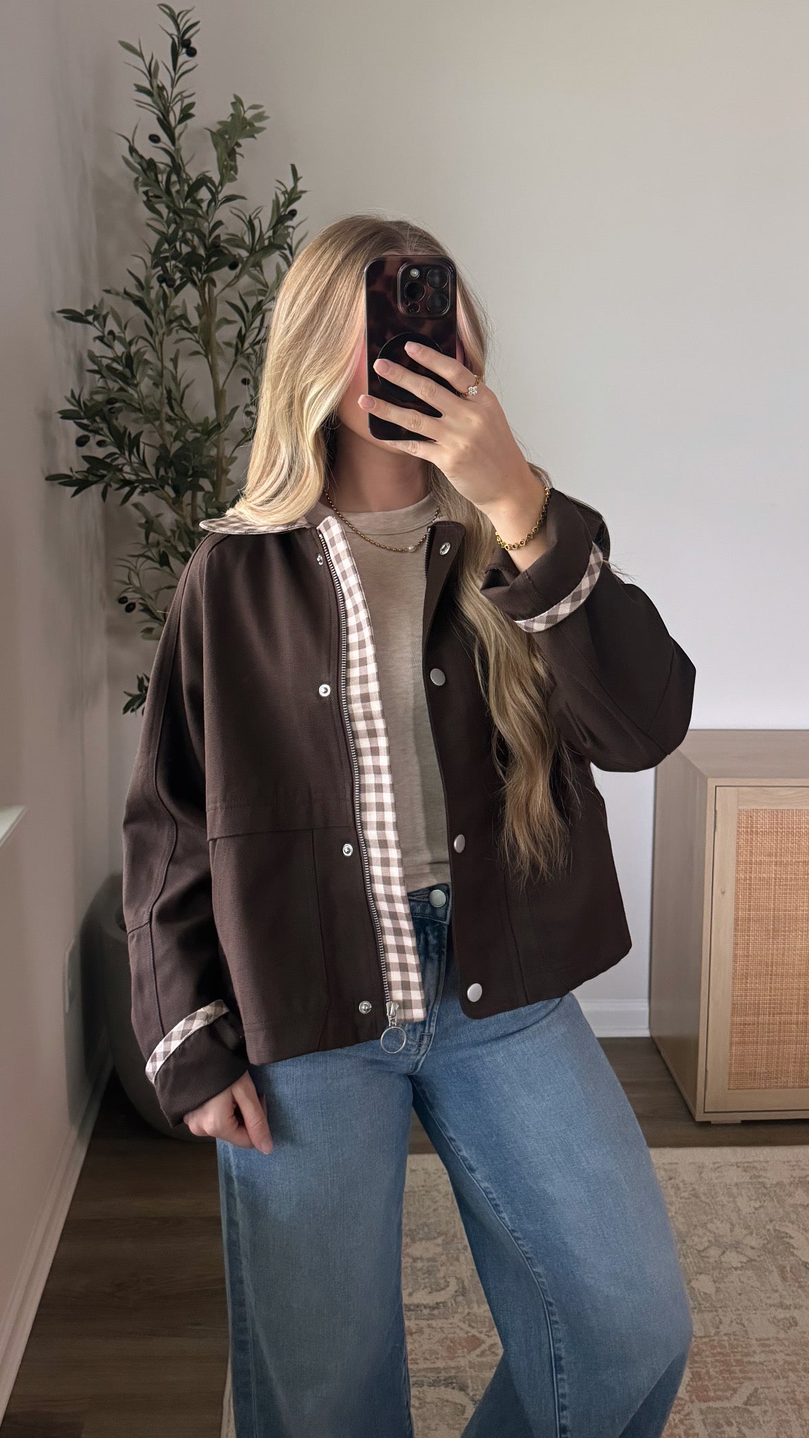 Cropped Gingham Jacket / Dark Brown