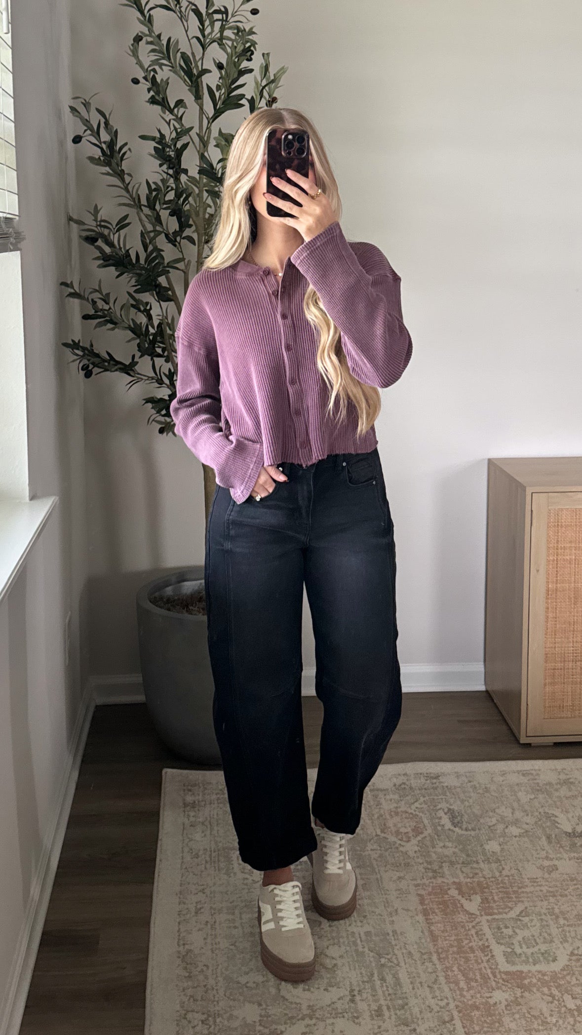 Waffle Cropped Cardigan / Dusty Plum
