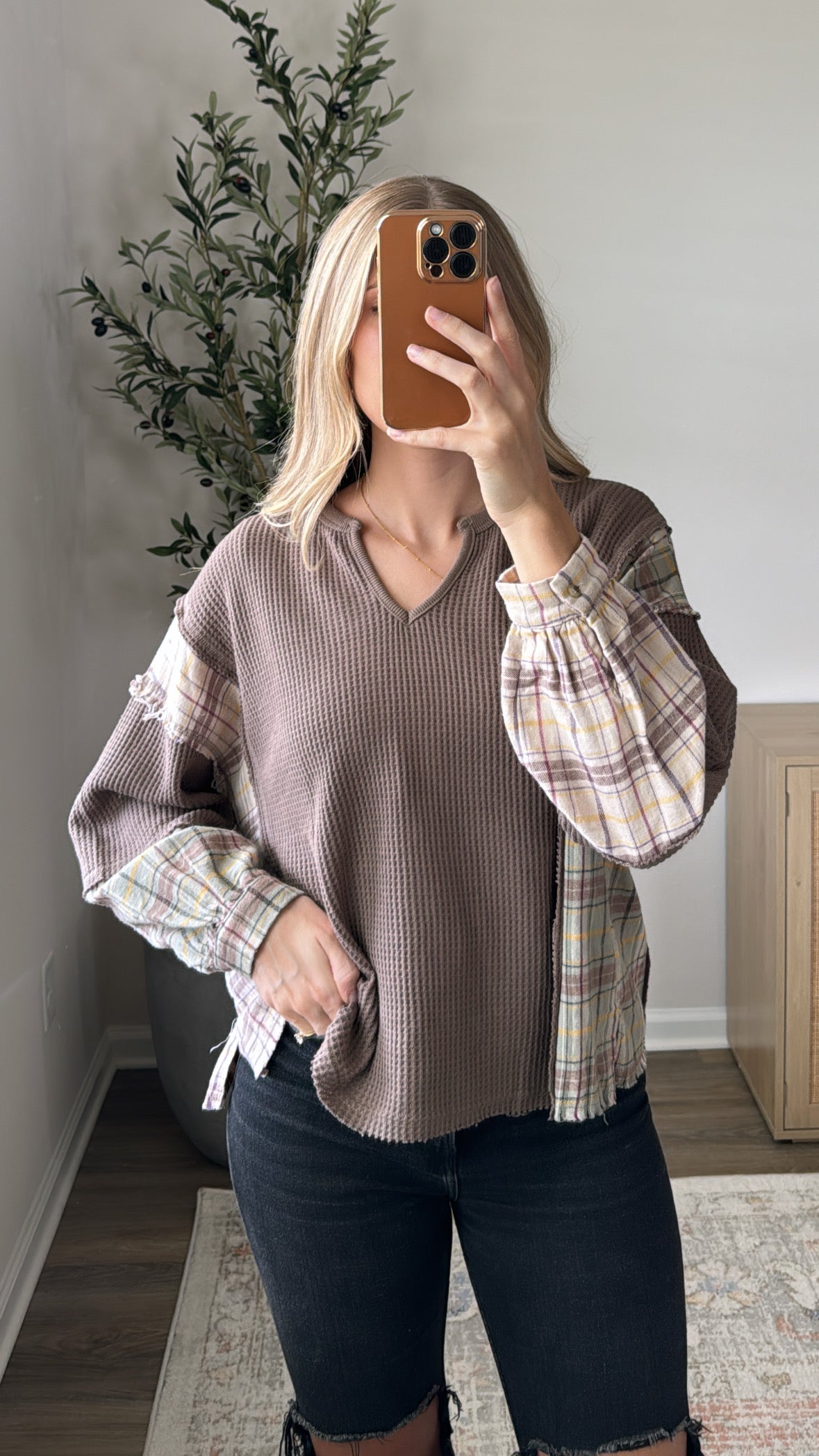 Mixed Waffle Flannel Top / Brown