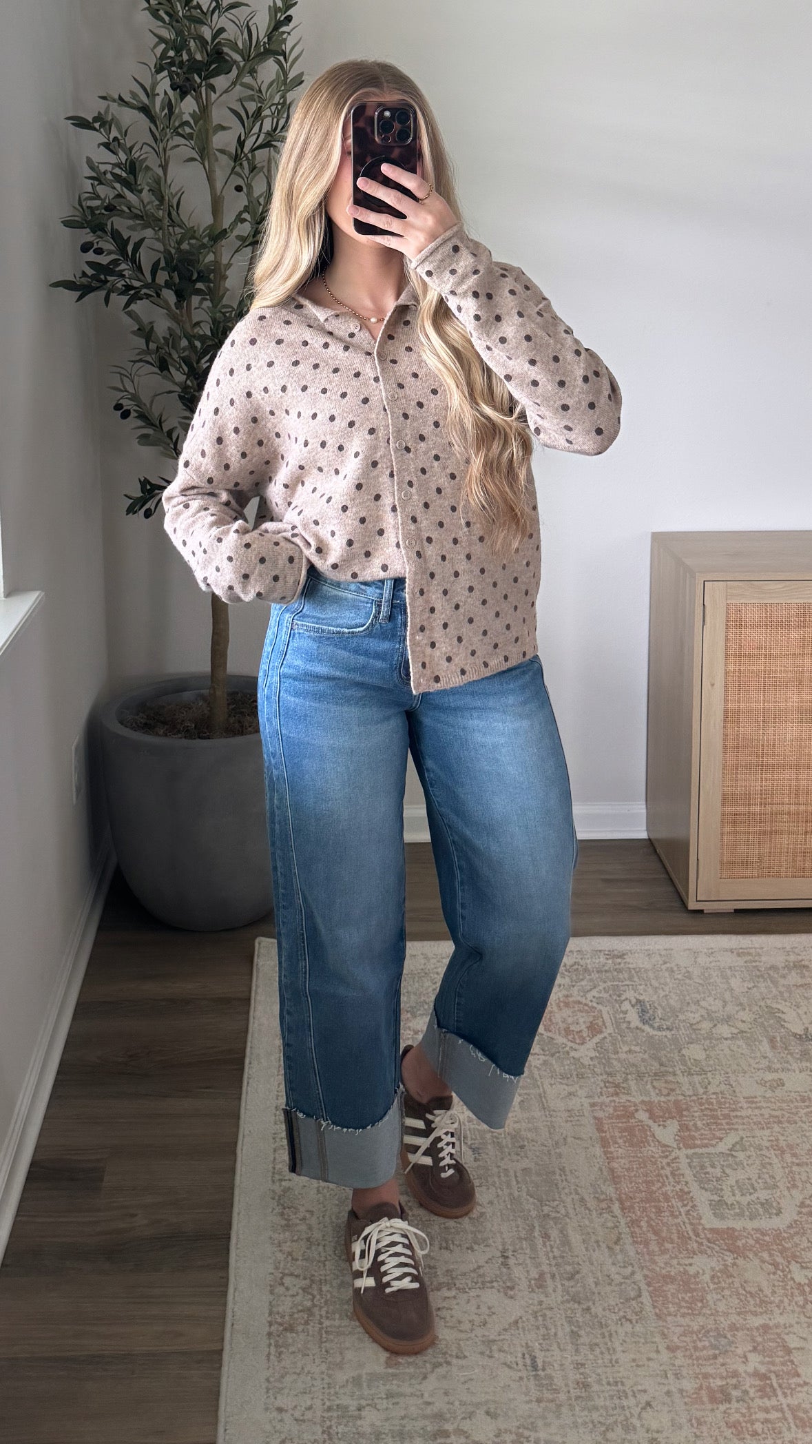Long Sleeve Polka Dot Cardigan / Light Mocha