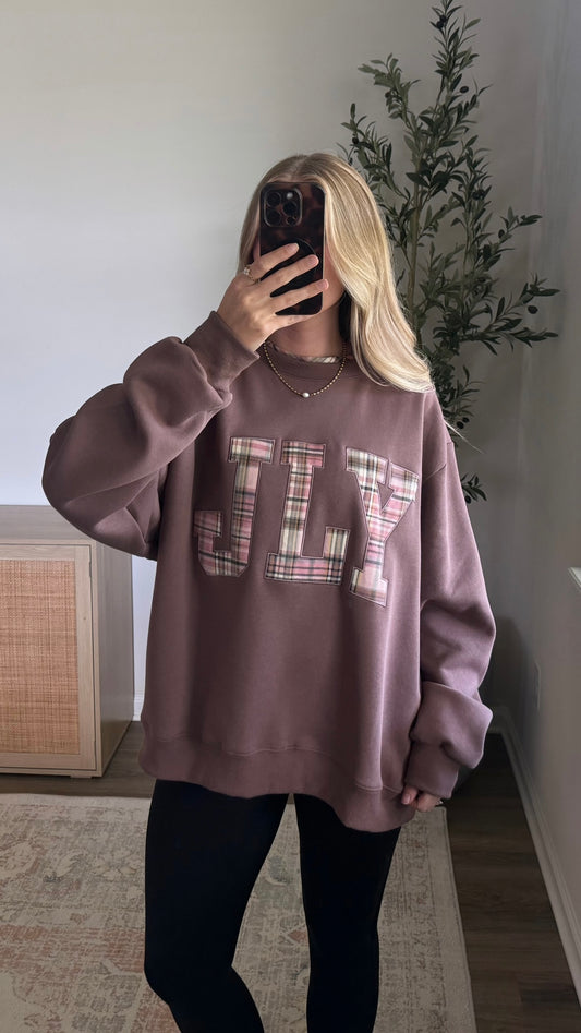 Jesus Loves You Embroidered Sweatshirt / Brown Plaid