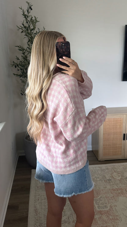 Pink Gingham Henley Sweater