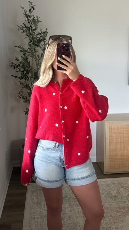Embroidered Star Cardigan / Red