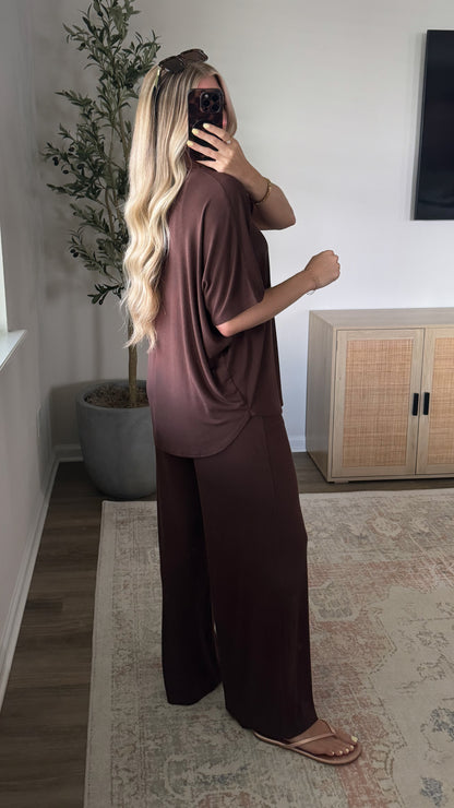 PREORDER (estimated to ship 5/22) - Rayon Ribbed Pants Set / Dark Brown