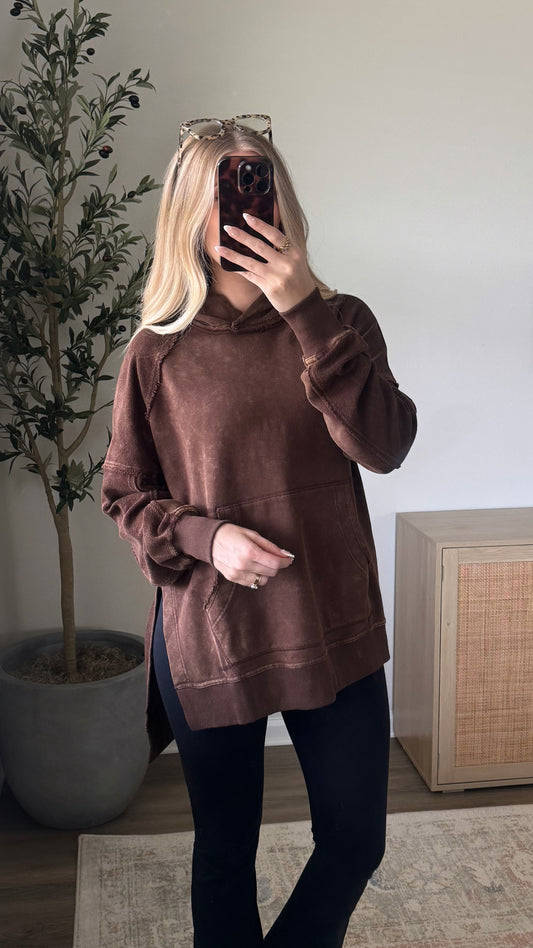 Raw Edge Washed Hoodie / Dark Brown