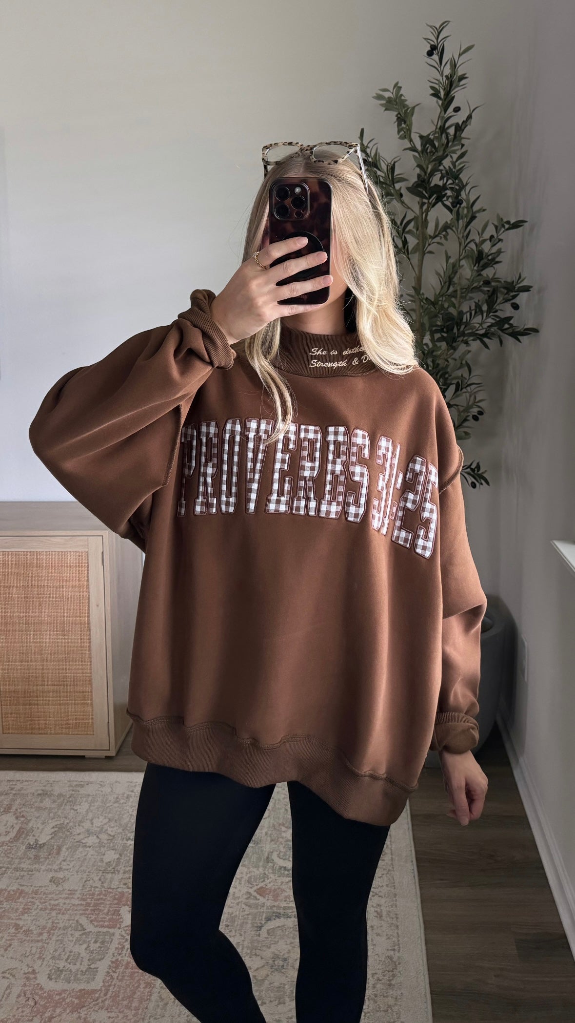 Proverbs 31:25 Mock Neck Sweatshirt / Brown