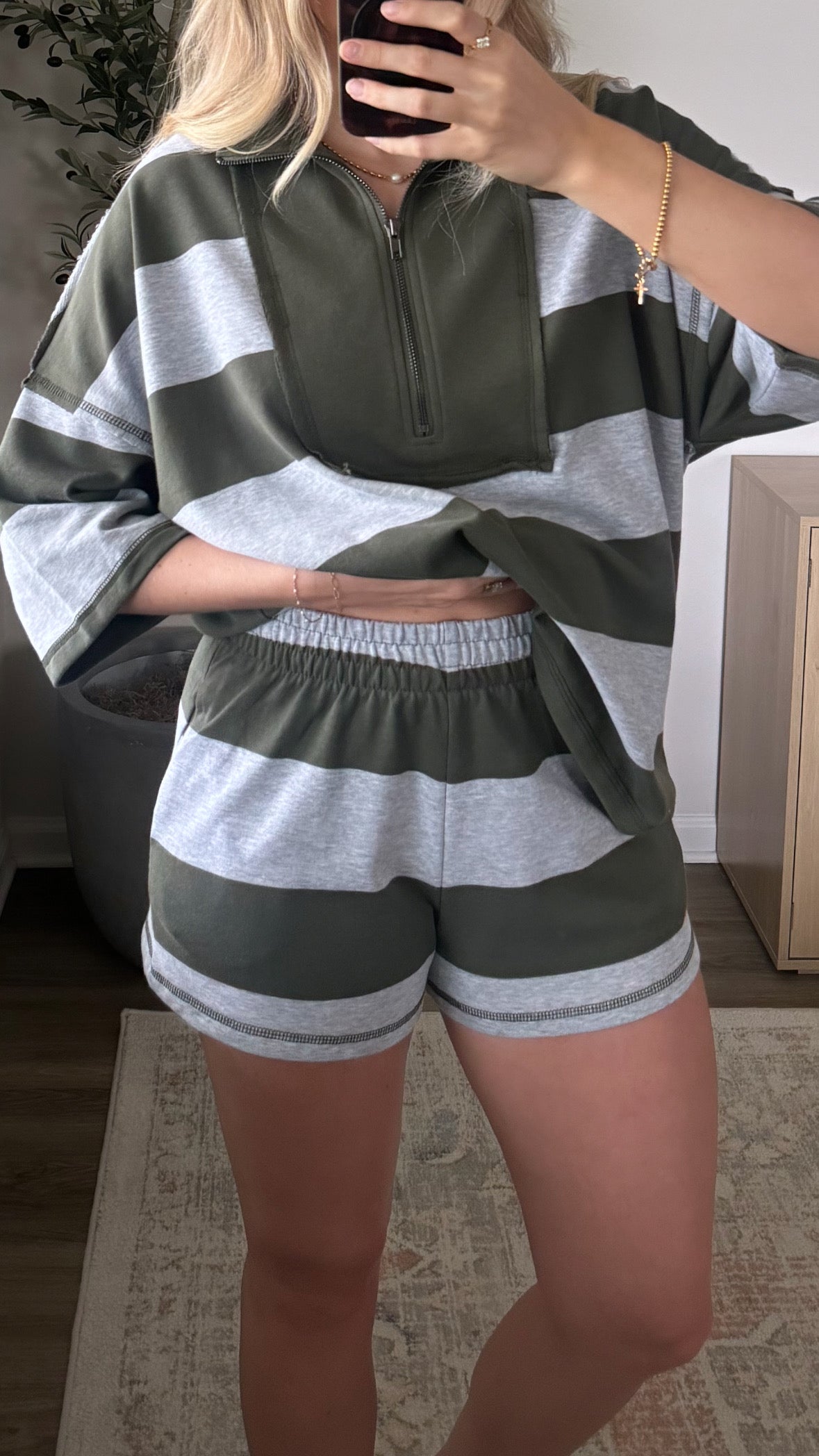 Retro Striped Shorts Set / Olive + Grey