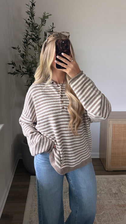 PREORDER (estimated to ship 8/14) - Chelsey Striped Henley Sweater / Taupe + Cream